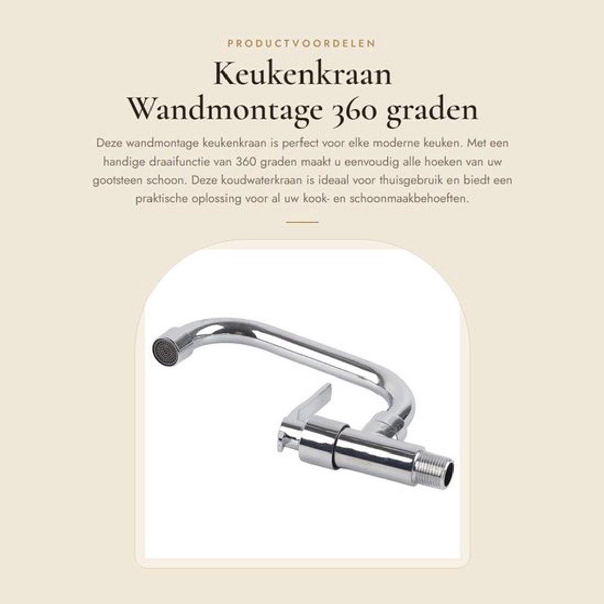 Keukenkraan Wandmontage - Enkele Koudwaterkraan - 360 Graden Draaiend - Messing Structuur - Roestvrij Staal - Eenvoudig Te Installeren - Waterkraan