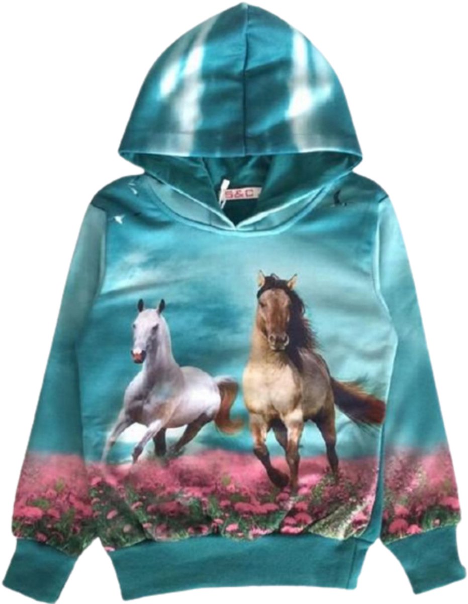 Blauwe hoodie met paarden f46 - Blauw - 86/92