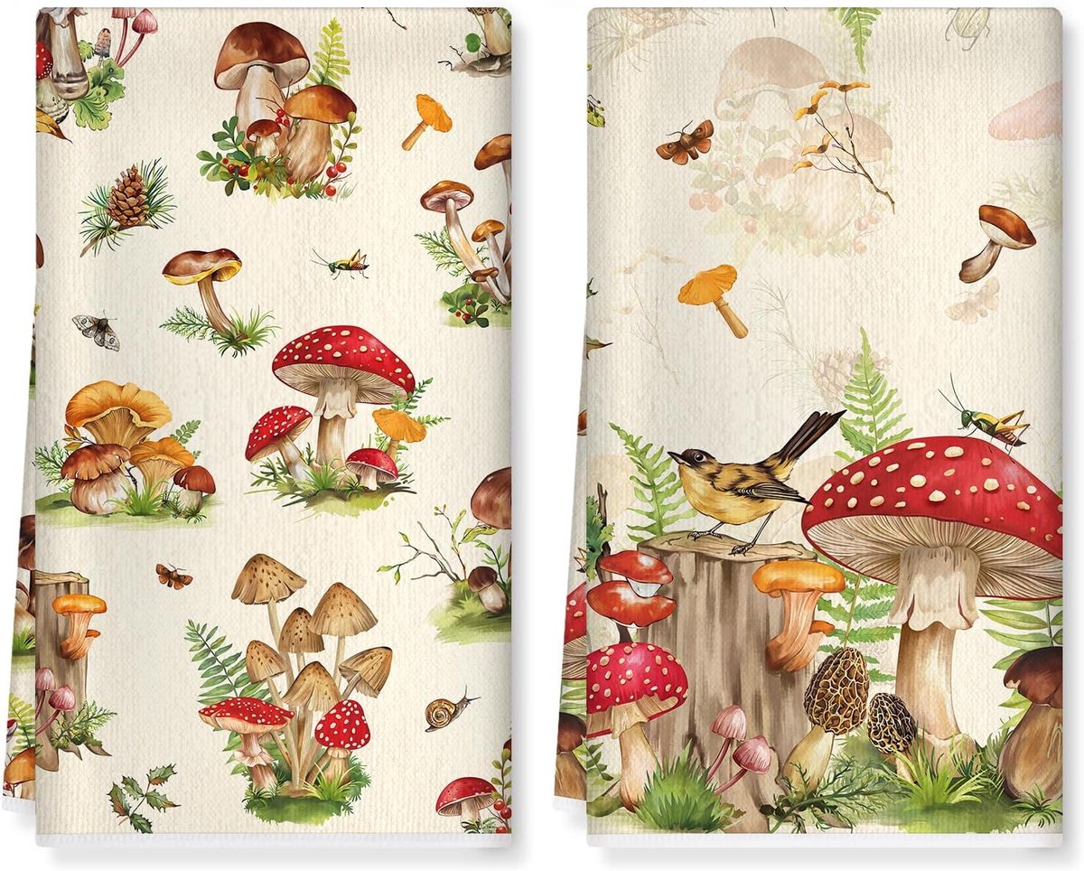 Keukenhanddoeken set van 3 - zachte dikke katoenmix - unieke paddenstoelprint - perfect voor decoratie - ShopVlot