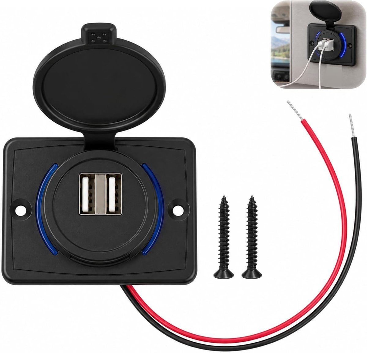USB-autostopcontact 12 V - dual 18 W snellader - voor camper, motorfiets, boot - gelijktijdig opladen - ShopVlot