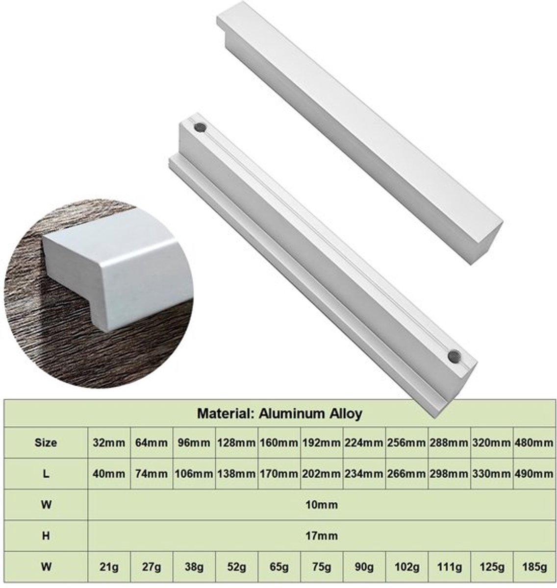 Deurgrepen Aluminiumlegering - Meubelgrepen - Keukenhandgrepen - L-handgrepen - 10 Stuks - Gatafstand 32 mm