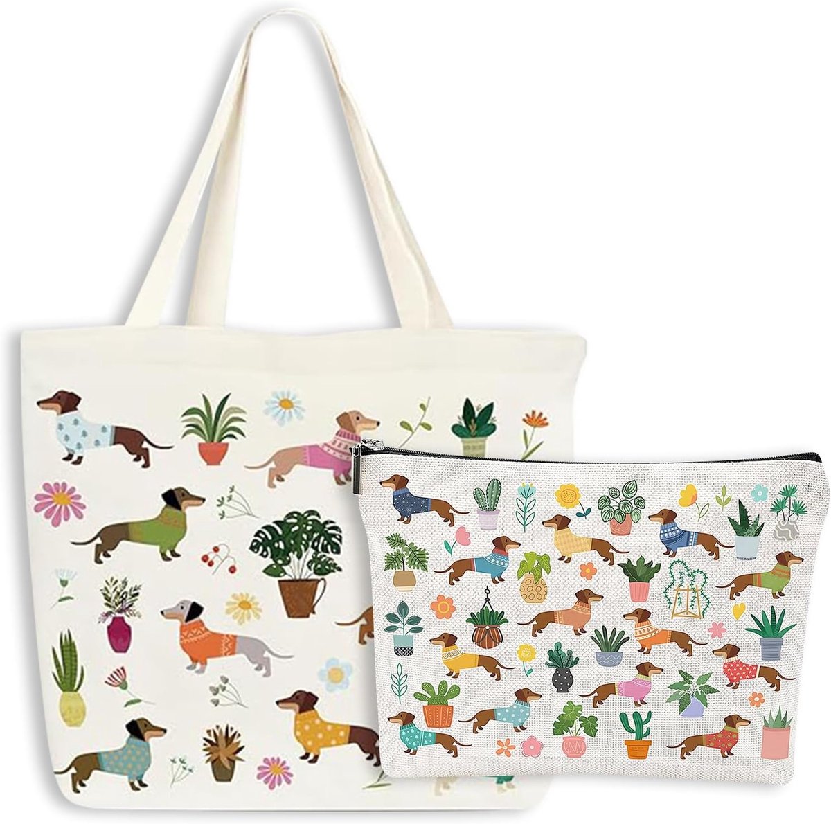 Canvas tote bags - herbruikbare boodschappentas - met make-up tas - cadeau voor teckel liefhebbers - ShopVlot