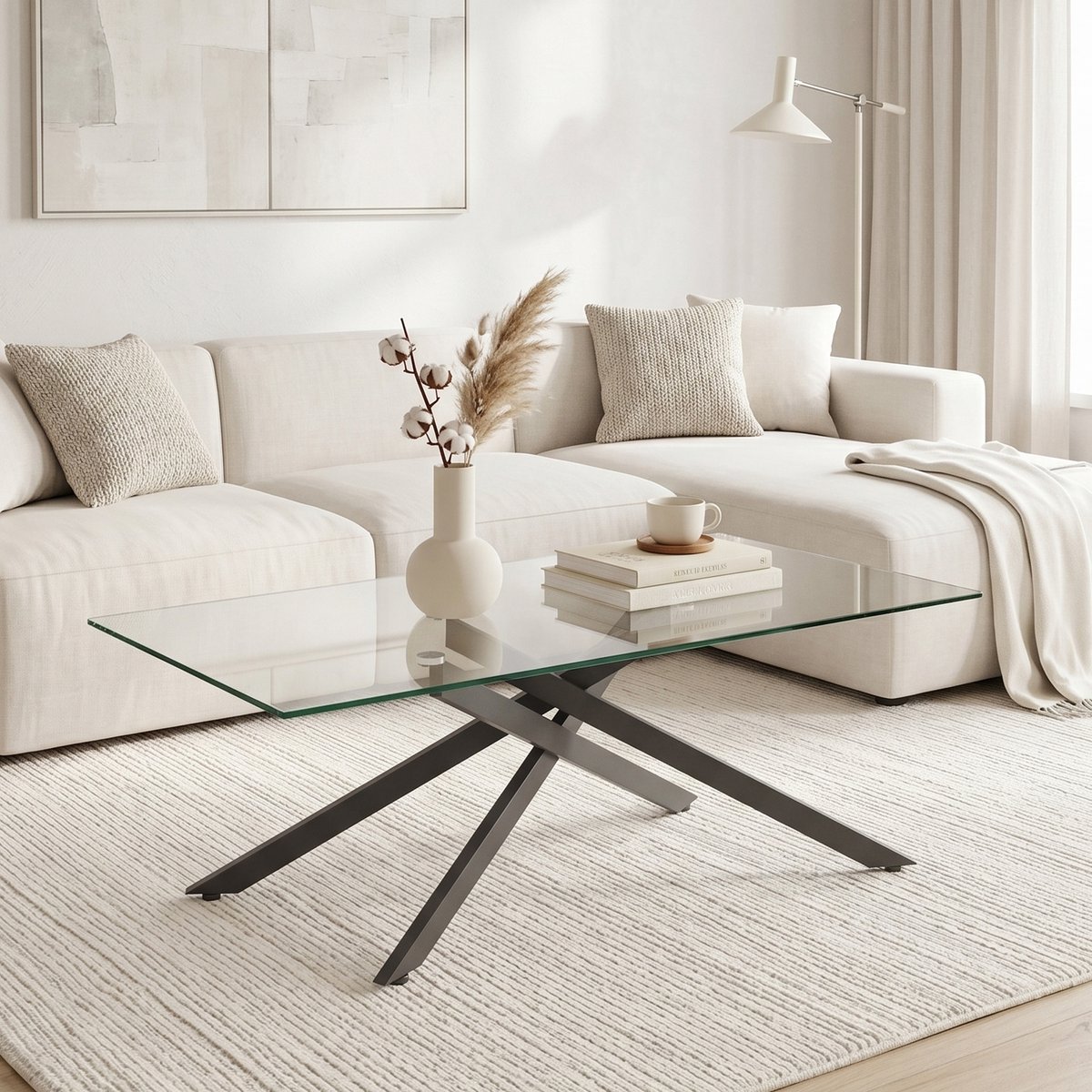 OKWISH Salontafel - Gehard Glazen Tafelblad - Voor Woonkamer - Zwart Metalen Onderstel - Rechthoekig - 100 x 60 x 46 cm