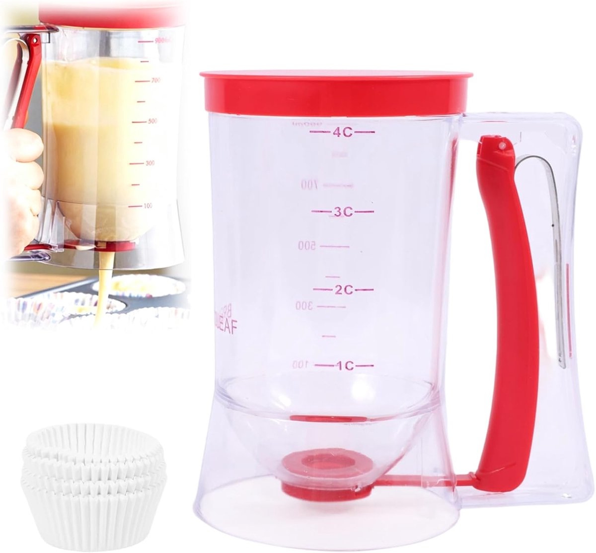 Deegdispenser 900 ml - met deksel en drukgreep - voor pannenkoeken en muffins - eenvoudig doseren - ShopVlot