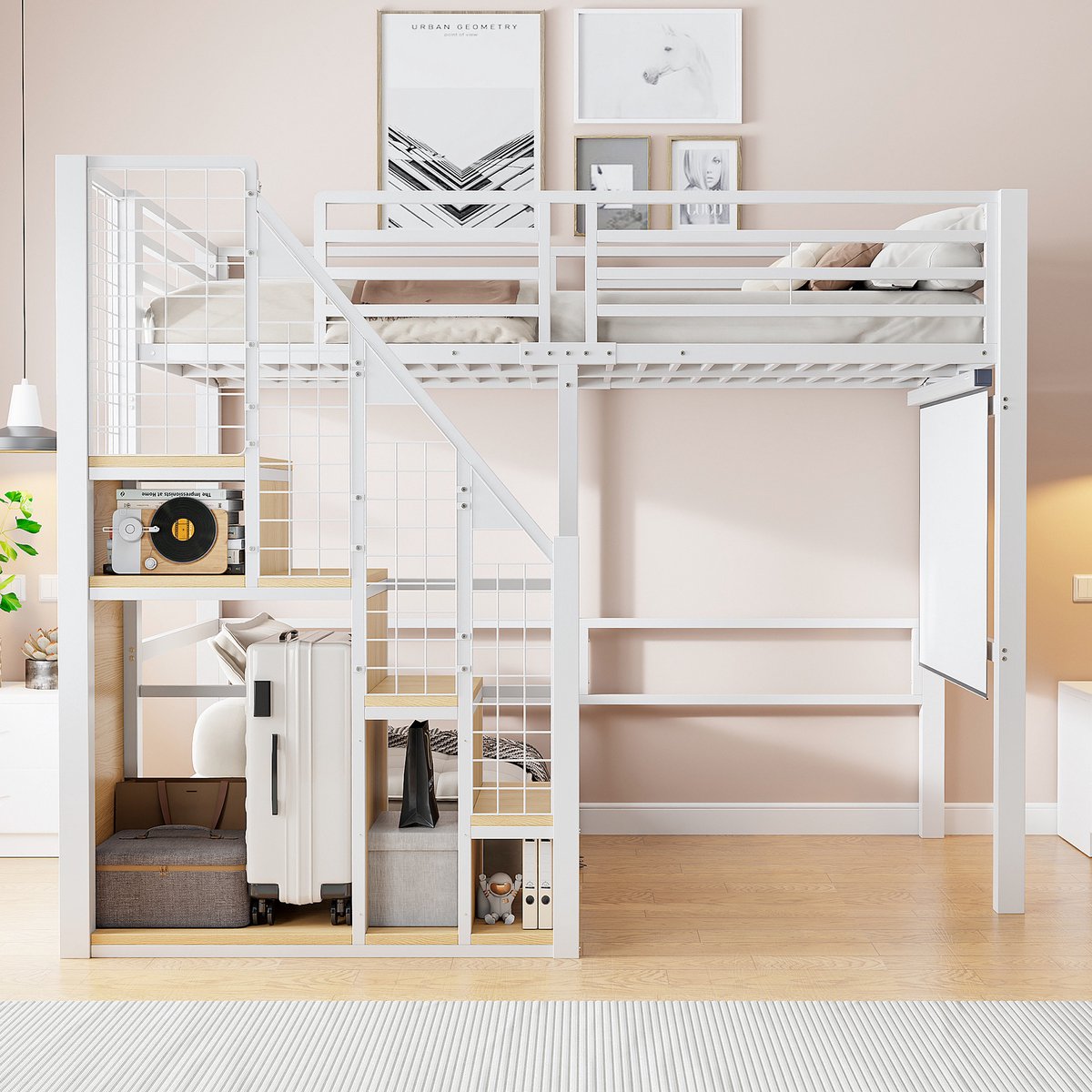 REDOM - Hoogslaper - Met veiligheidsladder en hoge uitvalbeveiliging - Met geïntegreerde opbergruimte - Modern - Kinderkamer en tienerkamer - MDF en metaal - Wit - 208,5 x 146,2 x 168,5 cm