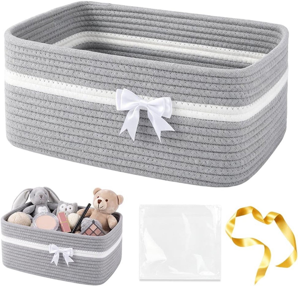 Geschenkmand 34,5 x 25,5 x 15 cm - Gevlochten katoenen touw - Inclusief geschenkzakjes en lint - ShopVlot