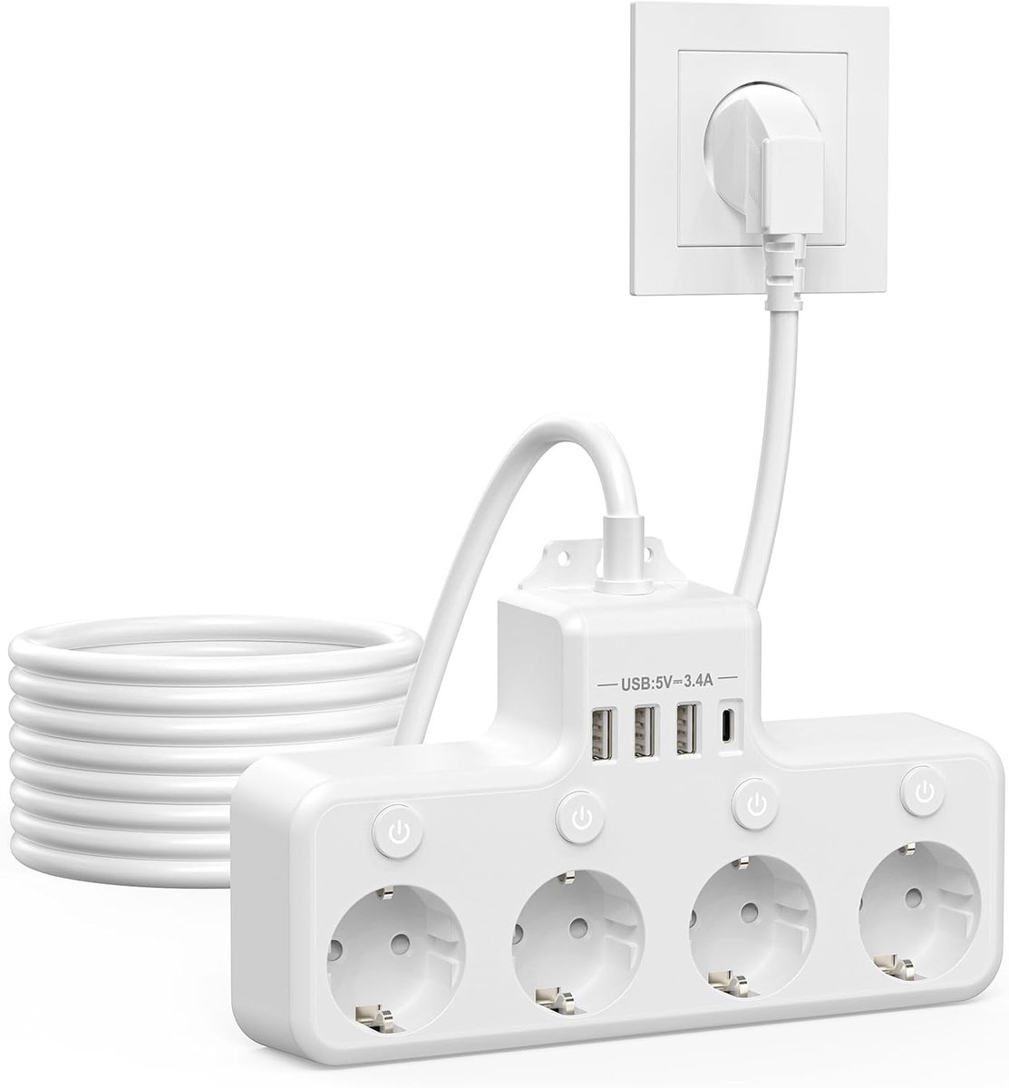 Stopcontact met 4 USB-C aansluitingen - individueel schakelbaar - platte stekker - ideaal voor thuis en op kantoor - ShopVlot