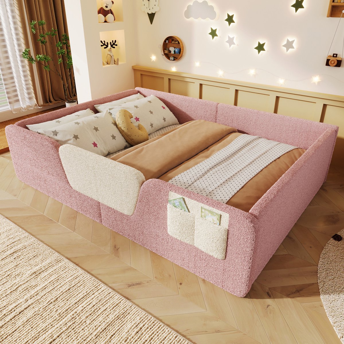 REDOM Kinderbed - Afneembare veiligheidszijhekken - Geïntegreerde opbergtas - Velours - Kinderkamer - MDF en stof - Pink - 140 x 190 cm Roze