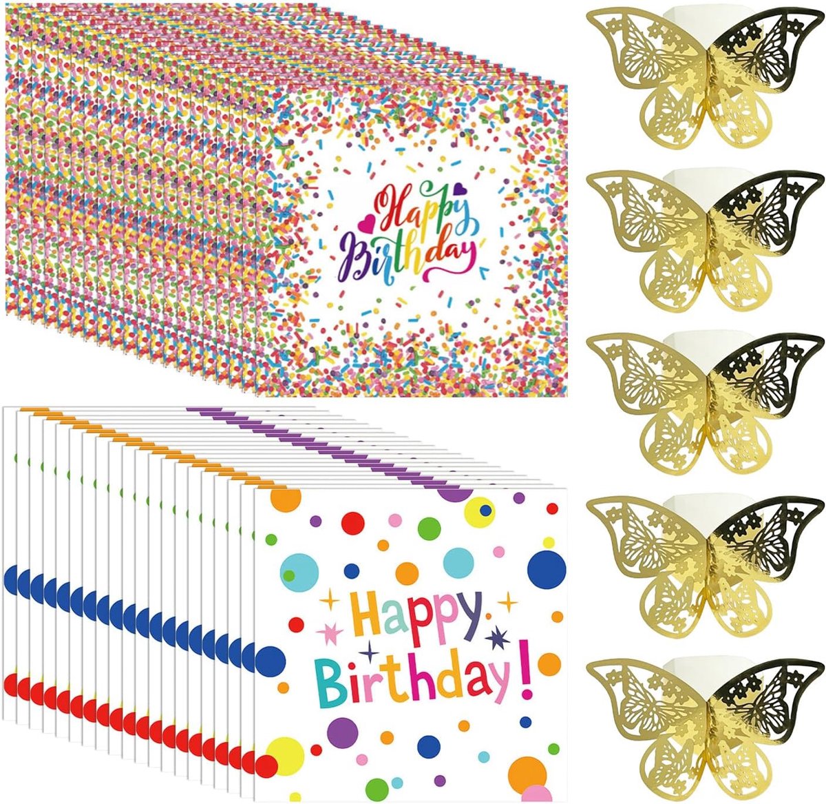 Verjaardagsservetten 40 Stuks - Gekleurde stippen - Inclusief 5 Vlinder Servetringen - Perfect voor Kinderfeestjes - ShopVlot