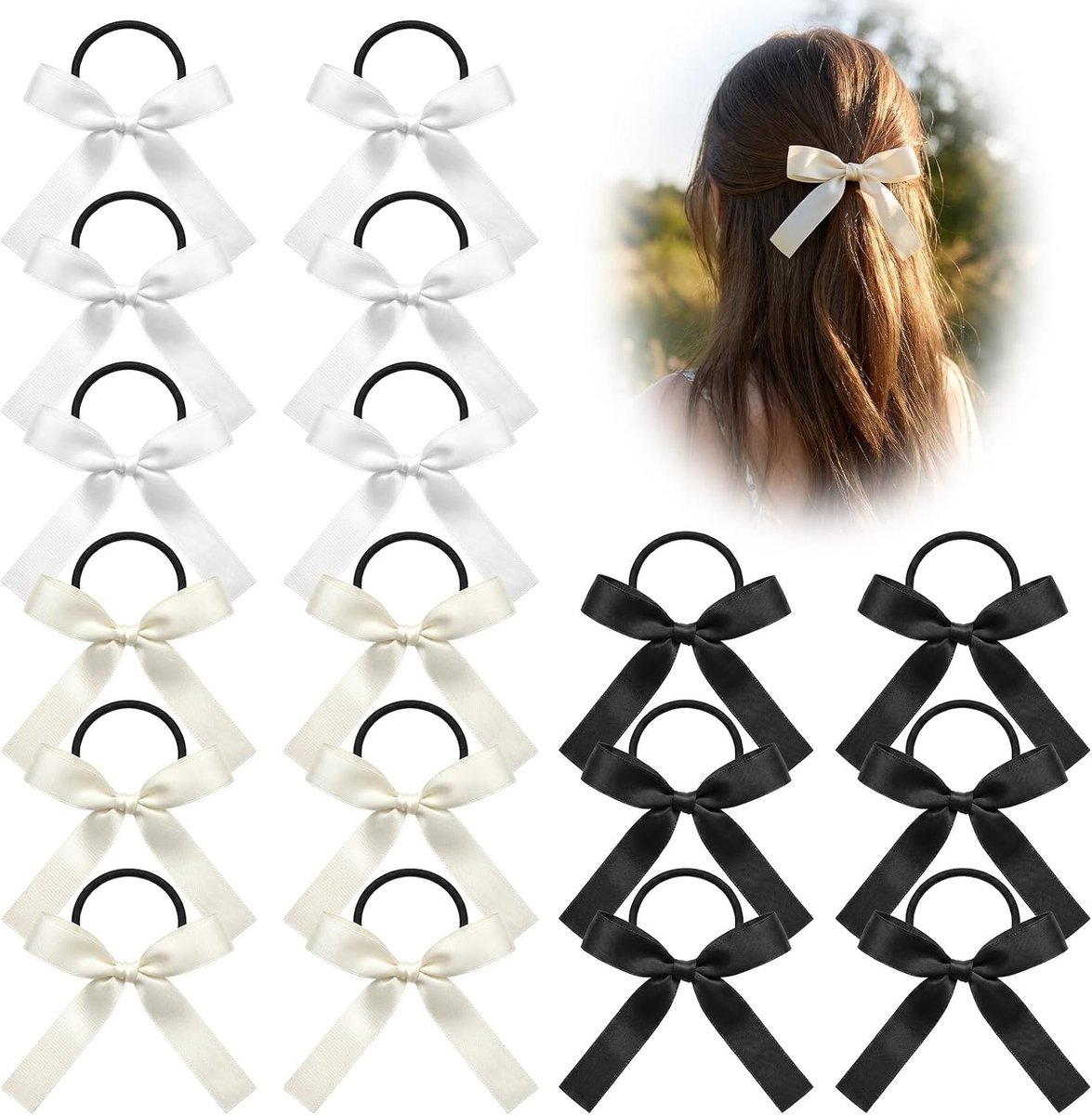 Haarstrikken set 18 stks - zwart, wit en beige - satijn strik - perfect voor cheerleading - ShopVlot