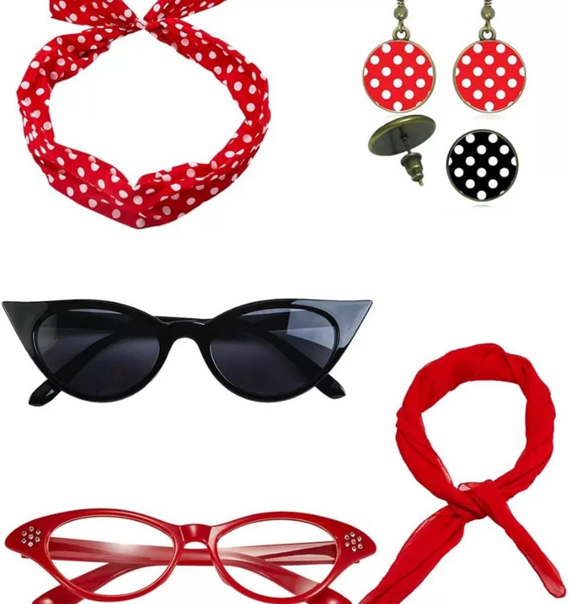 Fancy dress set 6-delig - kattenoogbril met stippenbandana - retro accessoires - perfect voor 50s themafeesten - ShopVlot