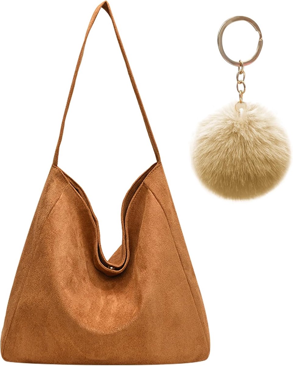 Women's Suede Bag Set of 2 with 1 Keychain Shoulder Bag Suede Hobo Tote for Work Travel Shopping - ShopVlot