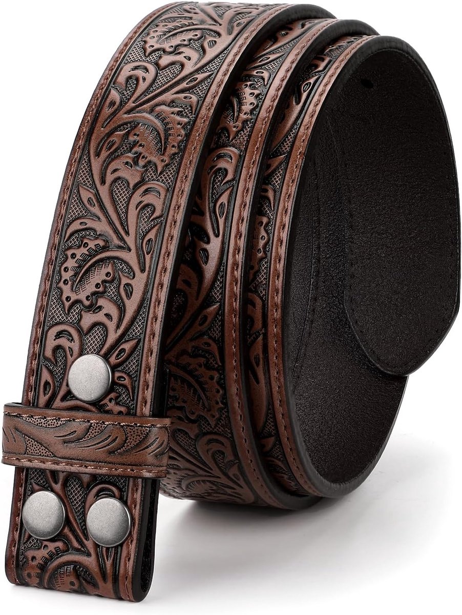 LEACOOLKEY Western Men's Belt Without Buckle, Width 3.8 cm, Floral Pattern, Embossed Leather - ShopVlot