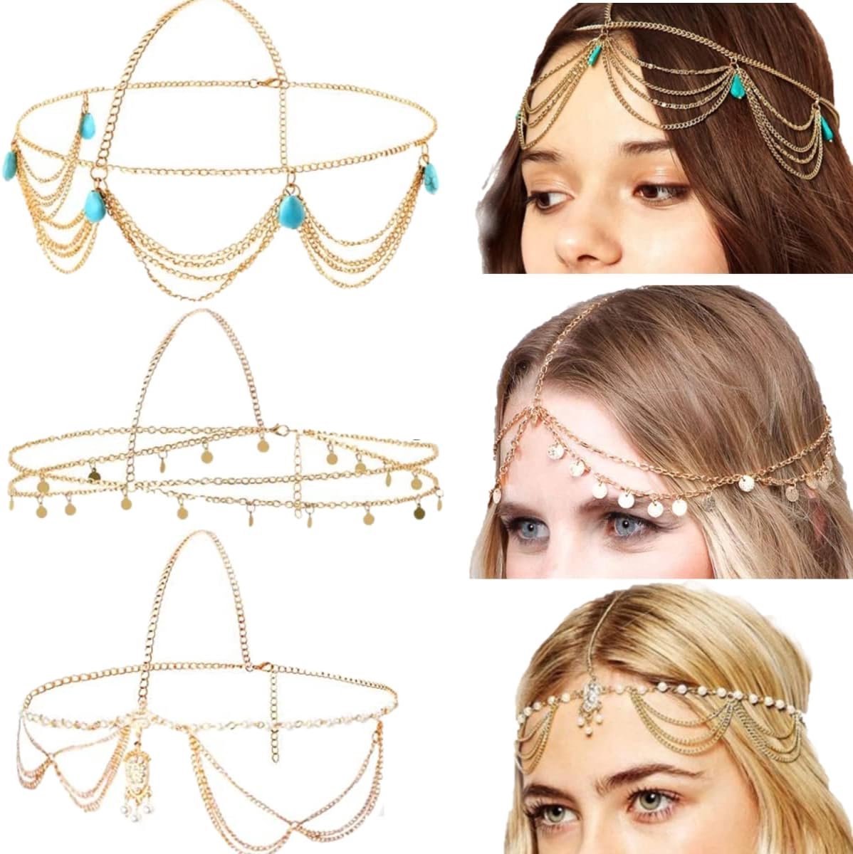 3pcs headdress gold headnecklace - ShopVlot
