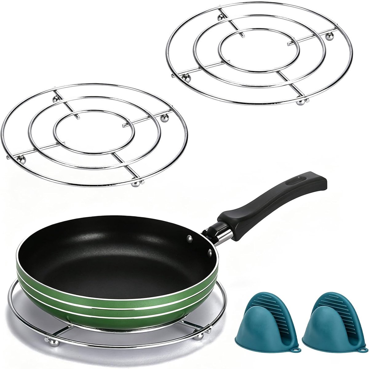 3-delige onderzetterset: pannenlap hittebestendig met warmte-isolerende handschoenen, 18 cm pannenlappen, metalen - ShopVlot
