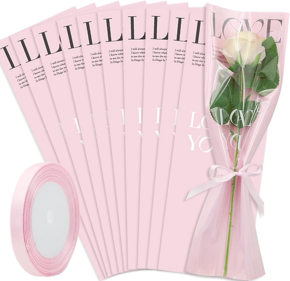 Single Rose Cover, Single Bouquet Packaging Bags with 1 Roll Pink Edge Ribbon Plastic Pink Love Printed Flower Bags - ShopVlot