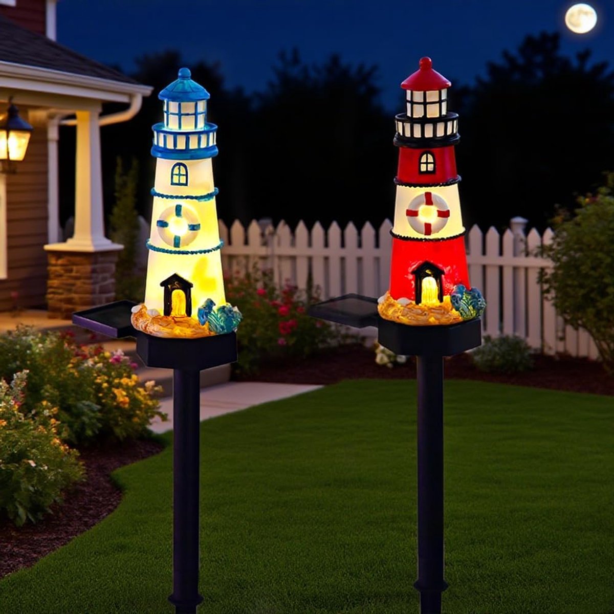 2 packs of solar red and blue lighthouse floor lamps, garden decorative resin cute lighthouse lamps, Wireless twilight - ShopVlot