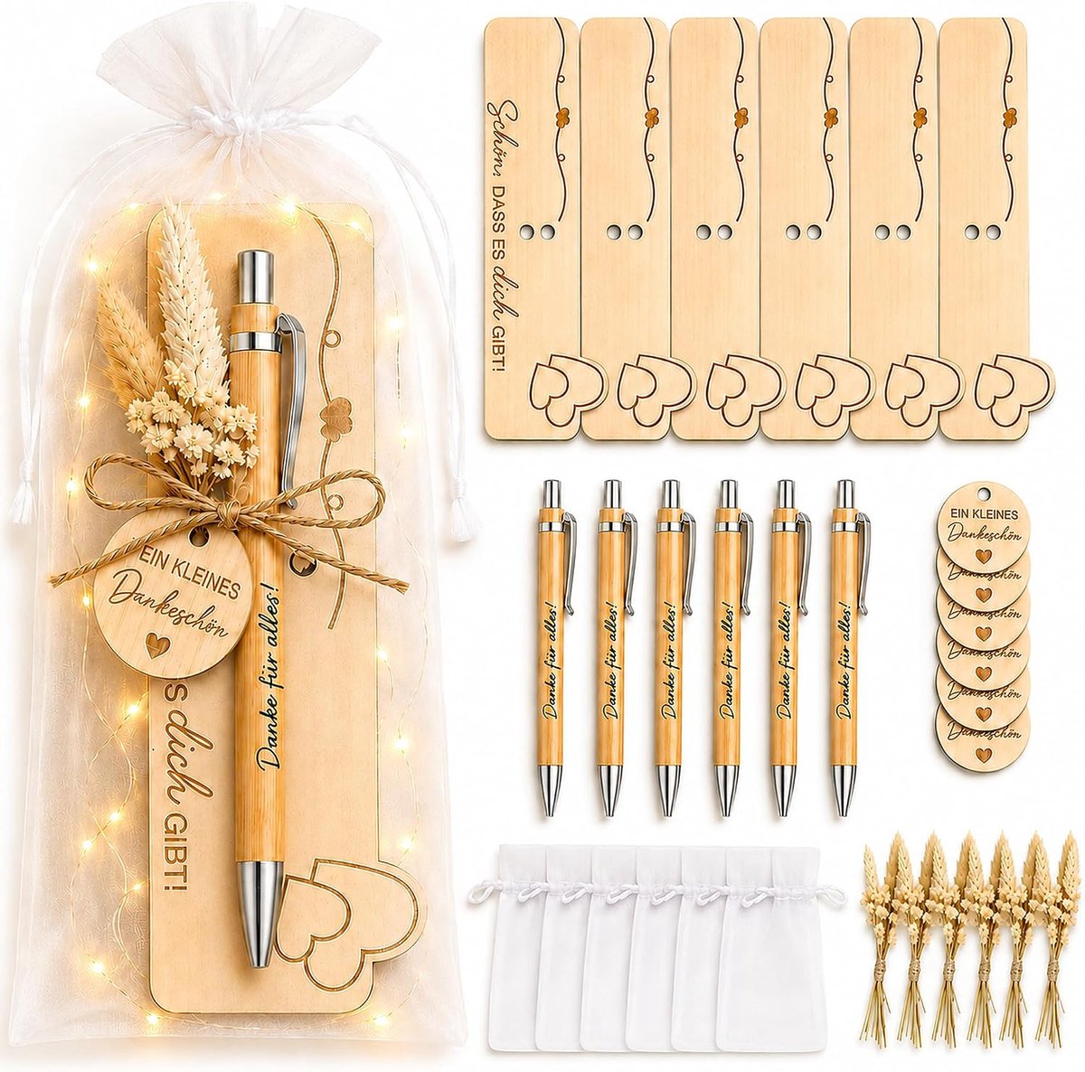 Set van 6 bedankgeschenken met houten balpen en houten bord - Kleine bedankcadeaus voor collega's voor afscheidsfeest - ShopVlot