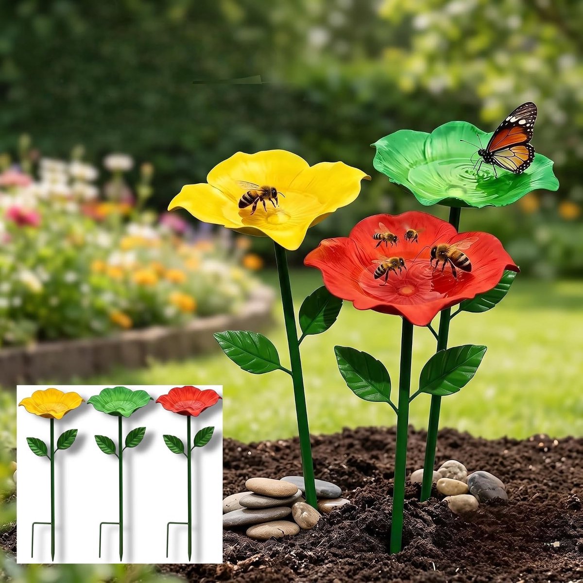 Bijendrinker, metalen tuinsteker, set van 4 insectenbakken voor de tuin, vogelbad, bloemen, waterdispenser voor bijen - ShopVlot