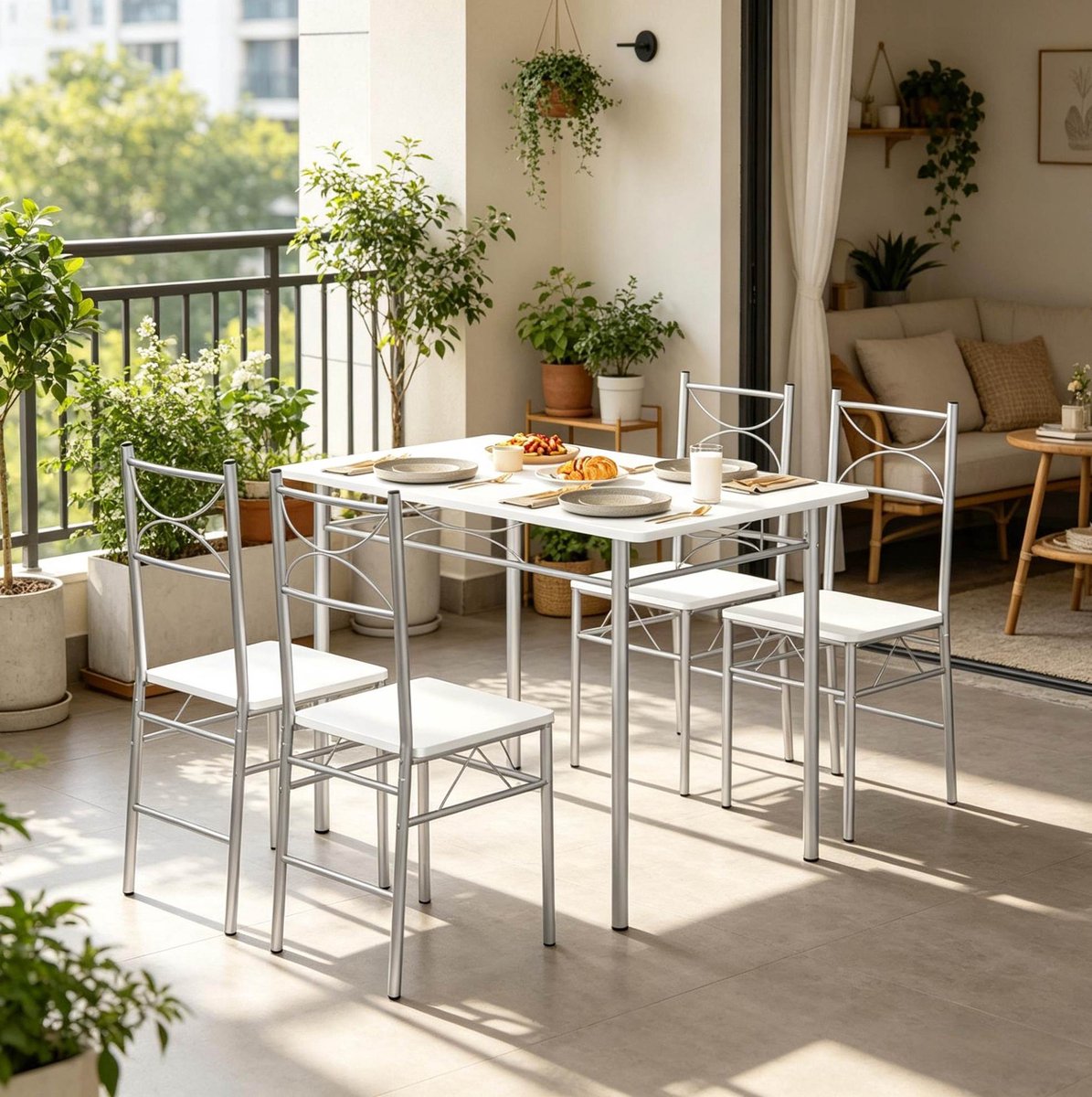 DESMIU Eettafel En Stoelen Set 110 X 70 X 76 Cm Modern En Ruimtebesparend Voor Eetkamer Balkon En Bistro Metaal Wit Zilver