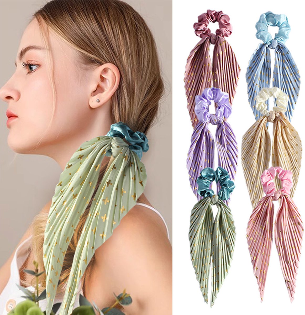 6 stuks Kleurrijke haarelastiek met strik – Haarelastiek voor dames – Paardenstaarthouder – Haarelastiek met geknoopte strik – Haaraccessoire met glanzende satijnen strik – Voor dames – Meerkleurig