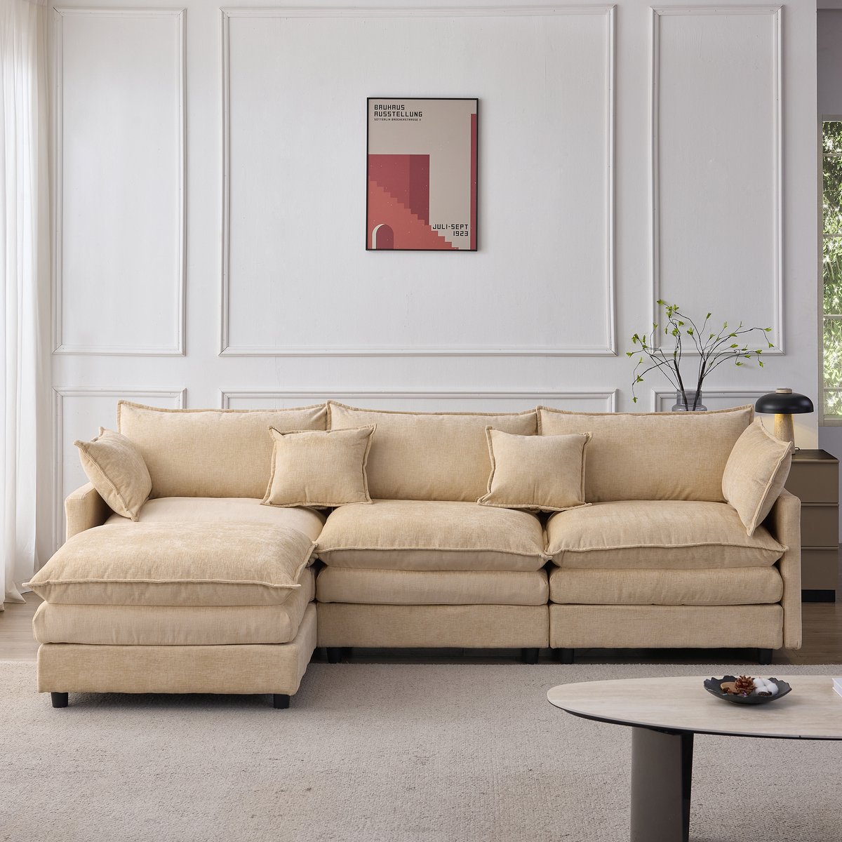 Woonkamer Hoekbank, L-Bank, 3-Zits bank, Modulaire Hoekbank Van Hoogwaardig Chenille – 3‑Zits Met Chaise Longue En Poef, Comfortabele L‑Vormige Bank Voor Kleine Appartementen, Woonkamers En Lounges,ligth coffee