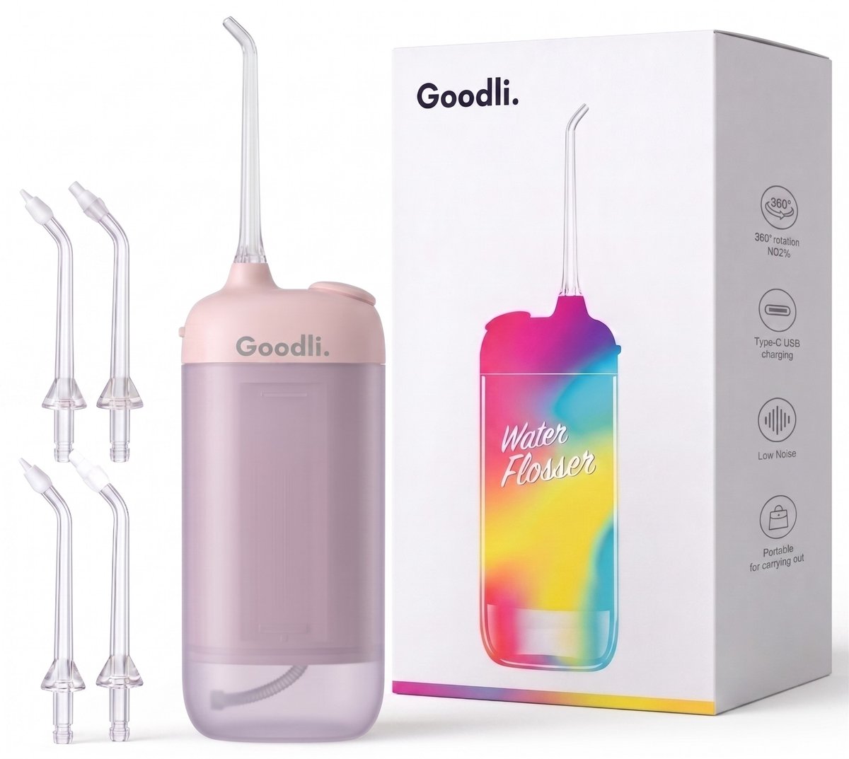 Goodli Elektrische Waterflosser Draadloos - Roze - Monddouche met 4 Standen en 4 Opzetstukken - IPX8