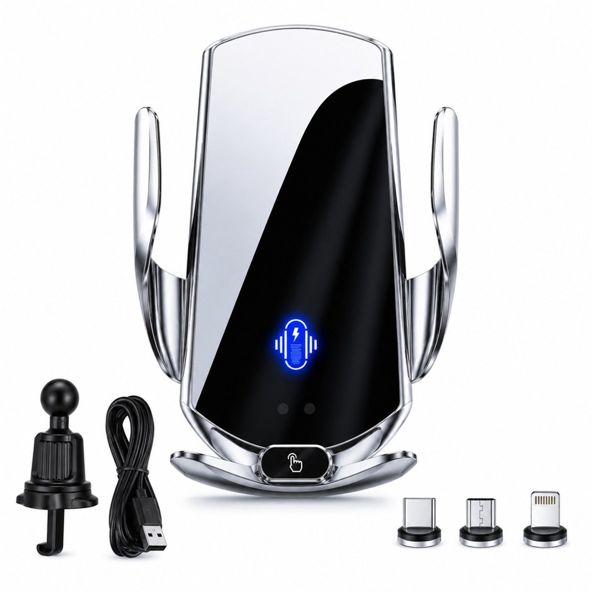 Telefoonhouder Auto met Draadloze Oplader 15W – Qi Autolader voor Ventilatierooster – Automatische Klem – 360° Draaibaar – 4,7 tot 6,8 inch – Zilver