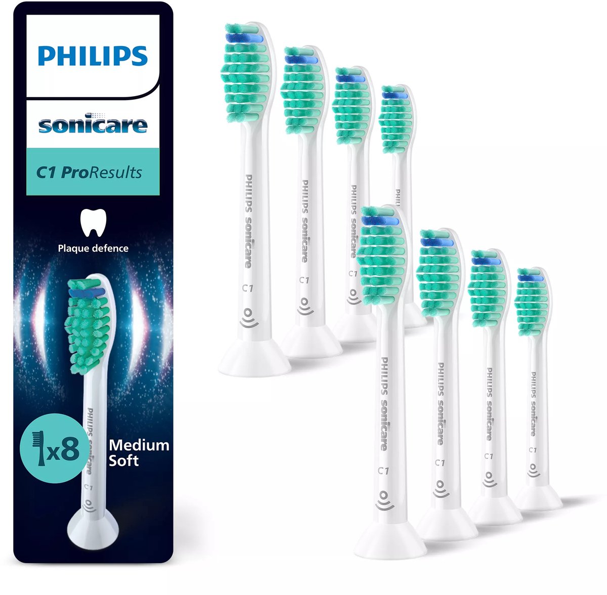 Ersatzborstels Philips Sonicare ProResults C1 HX6018/87 – opzetborstels – set van 8 – middelzachte borstel – plaque-verwijdering