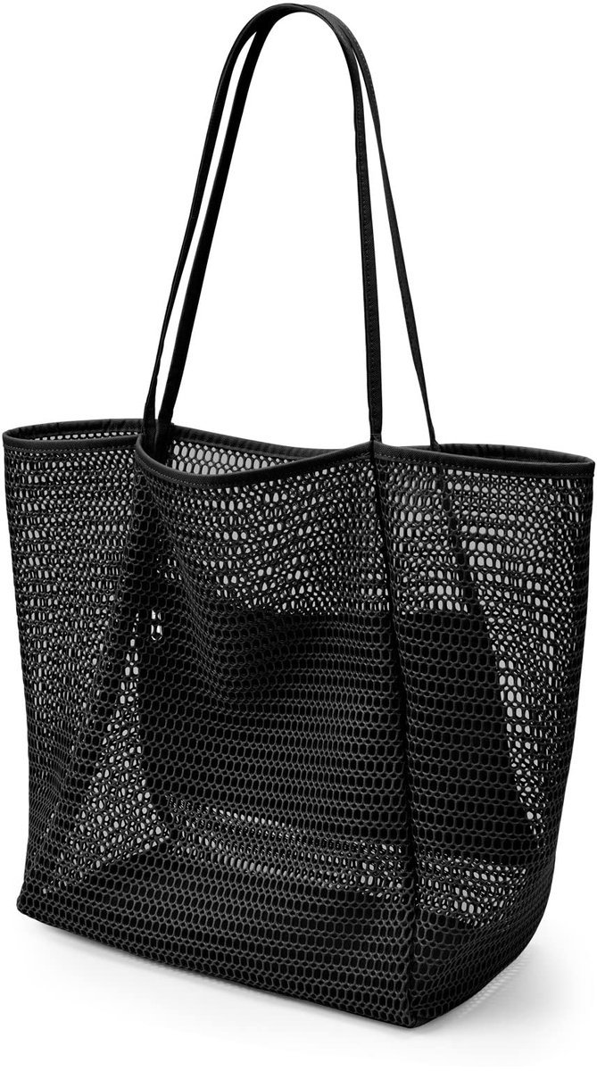 Casalora Strandtas Dames 23L – Grote Mesh Draagtas Nylon – Opvouwbare Shopper Tas Schoudertas voor Strand, Vakantie, Picknick en Dagelijks Gebruik - Zwart