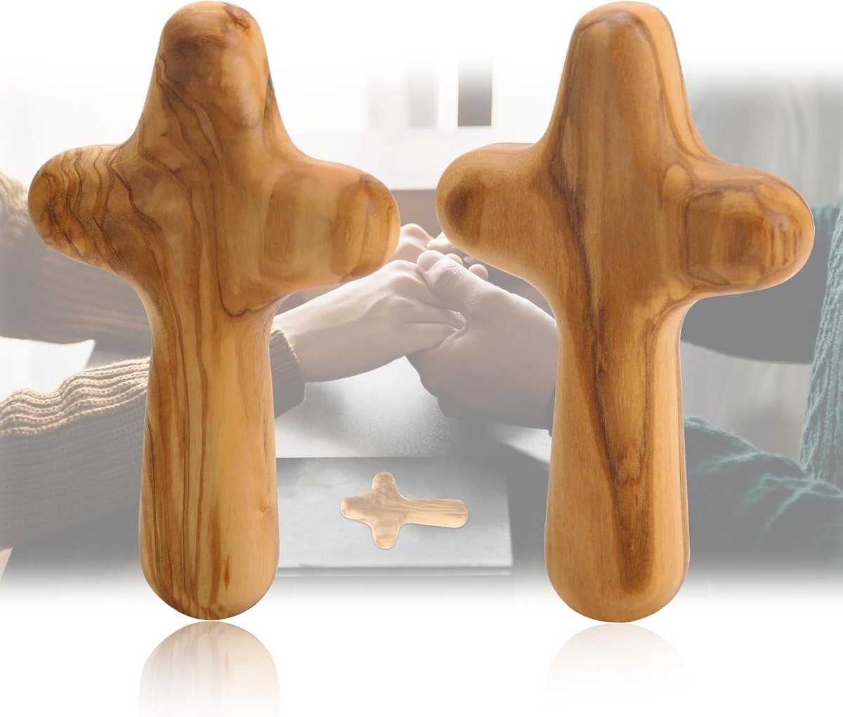 2 Pcs Olive Wood Holding Cross, Natural Wood Grain, Ergonomic Design for Comfort, Attachment Catholic Christian Cross - ShopVlot