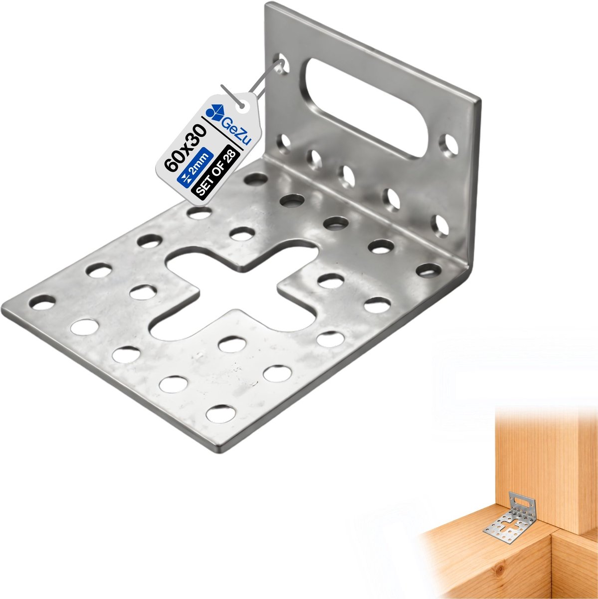 GeZu Impex Verstelbare Hoekbeugel 60 x 30 x 60 mm Set von 28 Gegalvaniseerde Gesleufde Beugel Hoekverbinder Verstelbare Hoekanker Montageplaat 90 Graden Hoeksteunen Houtverbinder