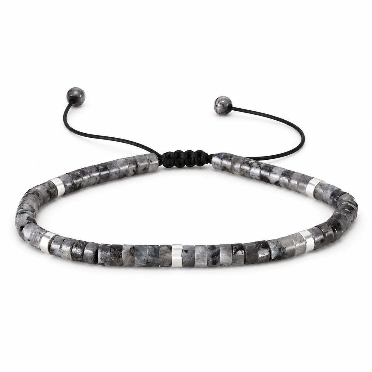 Uniseks armband labradoriet 4 mm – Verstelbare natuursteen kralenarmband met trekkoord – Zwart- zilverkleur– XS t/m XL