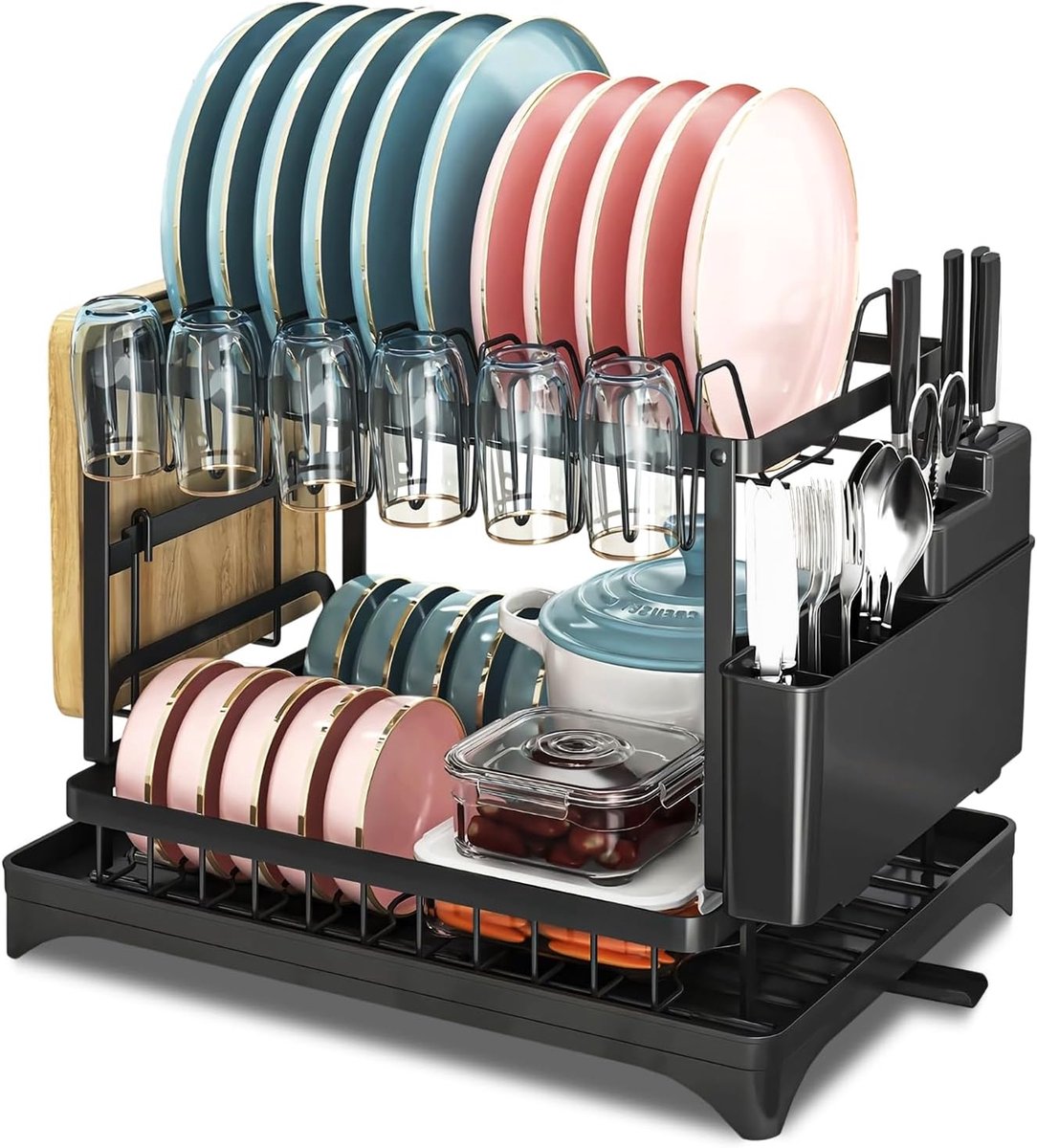 Dish Drainer for Crockery, Dish Drainer for Kitchen, Black, 2 Levels, with Cup Holder and Tool Holder, Storage and - ShopVlot