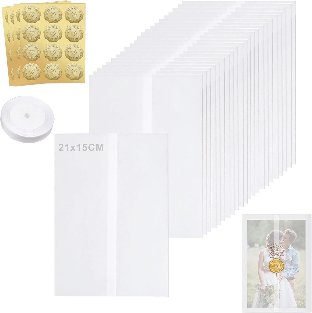 Perkamentpapier voor uitnodigingen, 40 stuks perkamentpapier voor uitnodigingen, 21 x 15 cm, voorgevouwen - ShopVlot