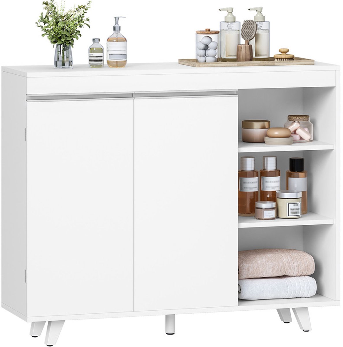 Hzuaneri Badkamerkast met 2 deuren, badkamerkast met 3 open planken,Opbergkast, keukenkast, grote capaciteit, modern, voor woonkamer, badkamer, 30 x 100 x 82 cm, wit