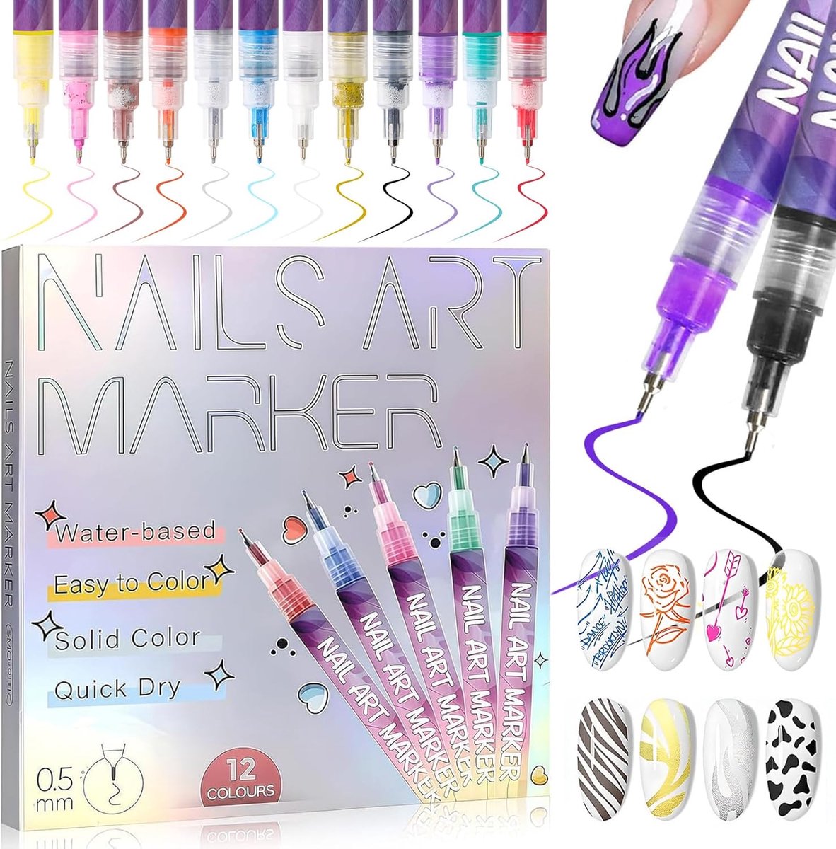 3D Nail Art Pennenset,12 Stuks Nail Art Pen 0,5 mm,DIY lijn Nail Art Graffiti,Graffiti Dotting Pen,Manicure Tools,voor - ShopVlot