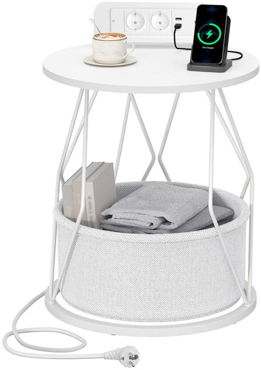 Hzuaneri Ronde Bijzettafel, Wit ,Met oplaadstation, met opbergmand, voor woonkamer, voor slaapkamer, nachtkastje