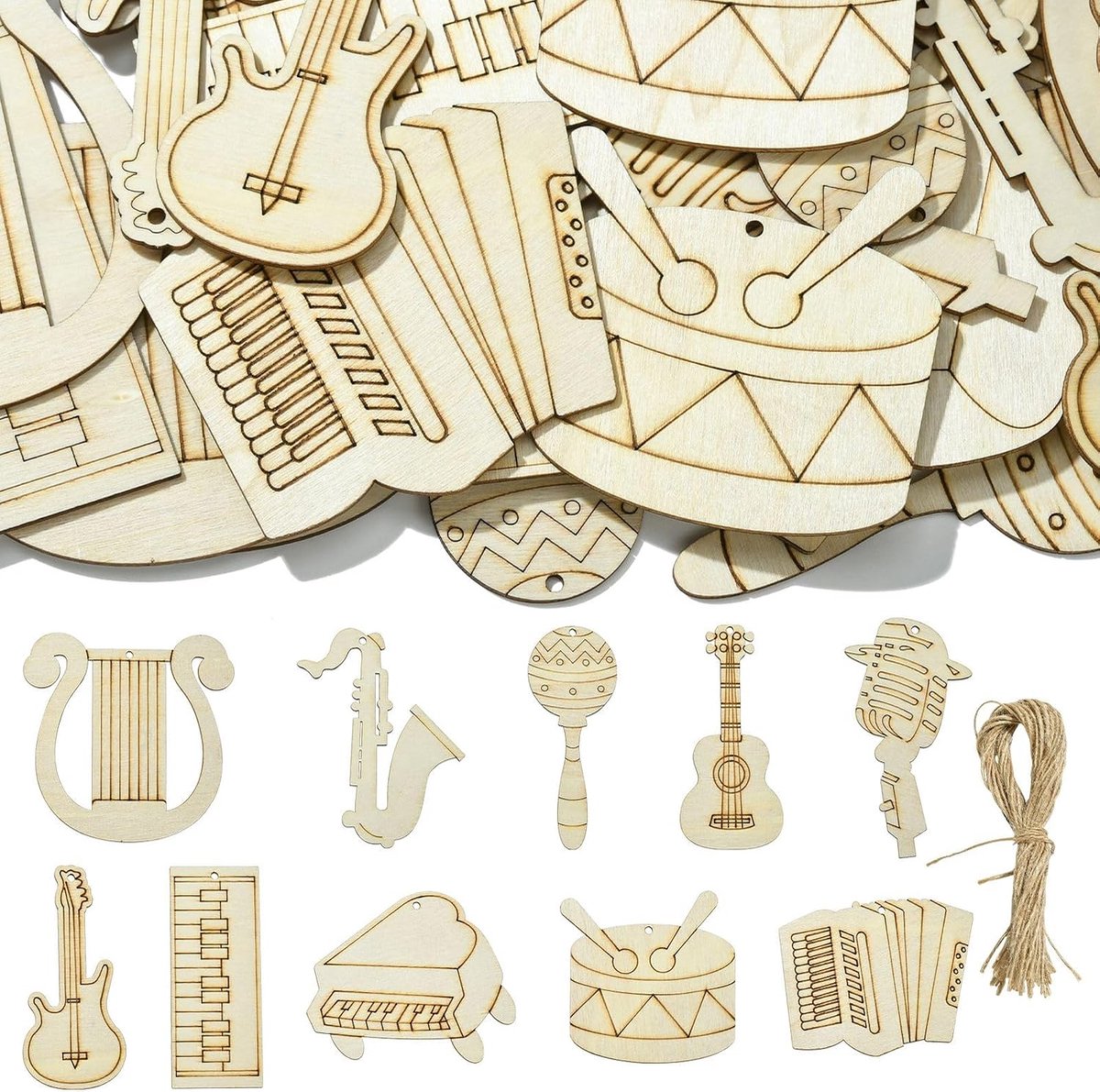 Ipotkitt 30pcs 10 Styles Unfinished Musical Instrument Theme Wood Cutouts Wooden Violin Piano Cutouts Unpainted - ShopVlot