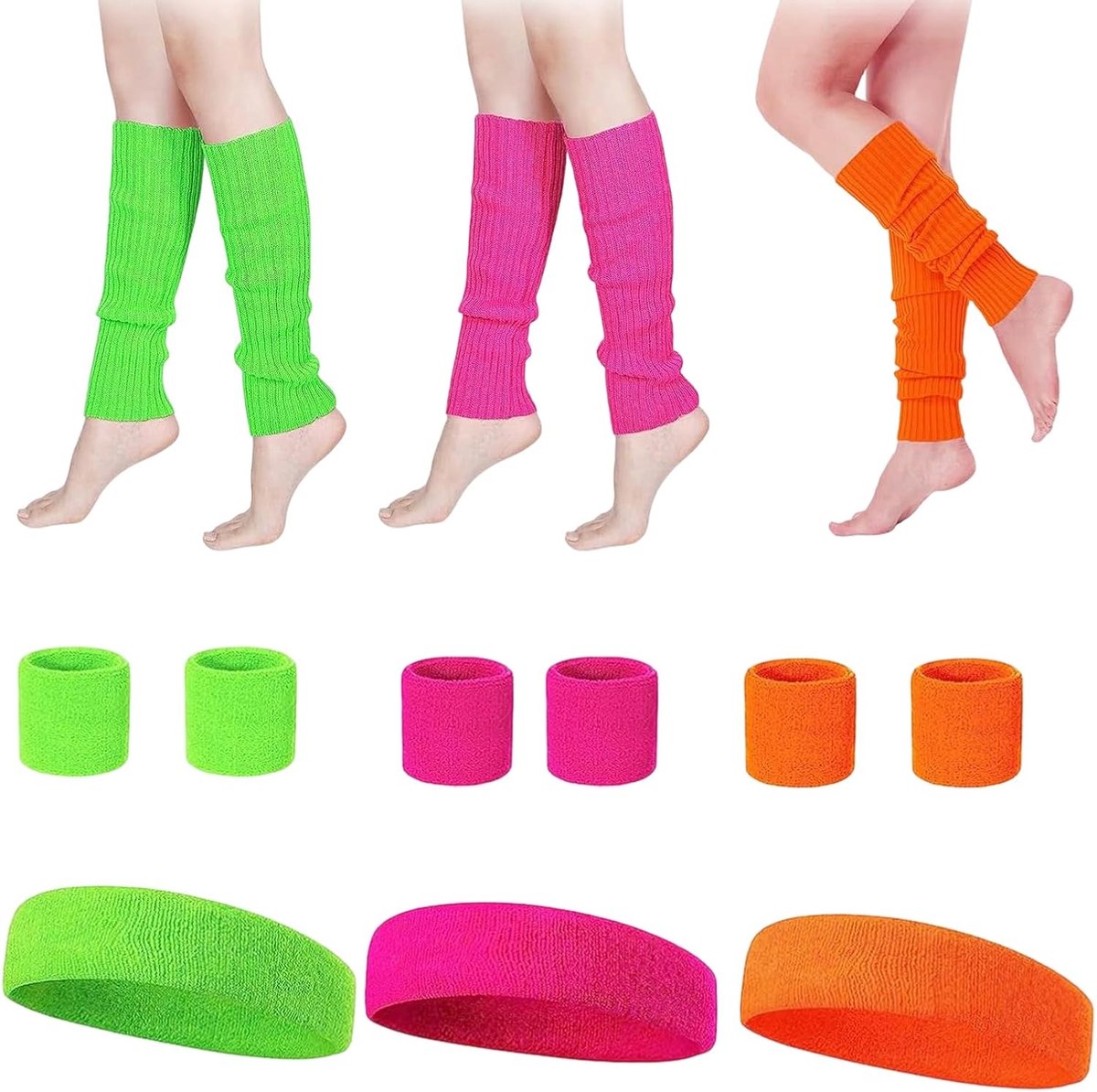 15-delige retro dameskledingcollectie uit de jaren 80, inclusief neonaccessoires en neonhaarbanden. Levendige kleuren. - ShopVlot