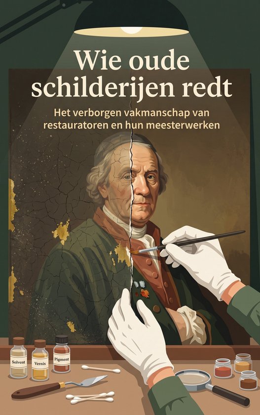 Restaurator herstelt een schilderij dat deels is vergaan. Tekst: Wie oude schilderijen redt. Het verborgen vakmanschap van restauratoren en hun meesterwerken.