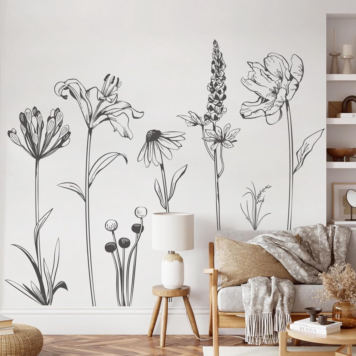 Supzone 47" x 31.5" Garden Flowers Wall Stickers Black Daisy Wildflower Wall Stickers Modern Flowers Wall Art Decor - ShopVlot