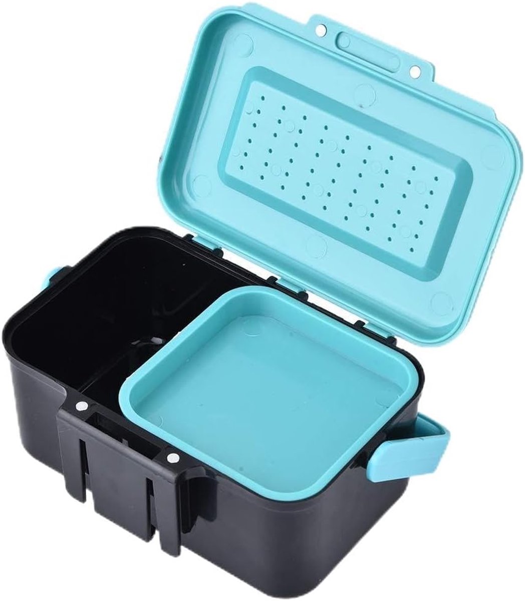 Draagbare aasopbergkoffer, wormvisbox, levend aas, pincet, blauw, zwart, 2 vakken, draaggreep, ABS, 13 x 9,5 x 6,5 cm - ShopVlot