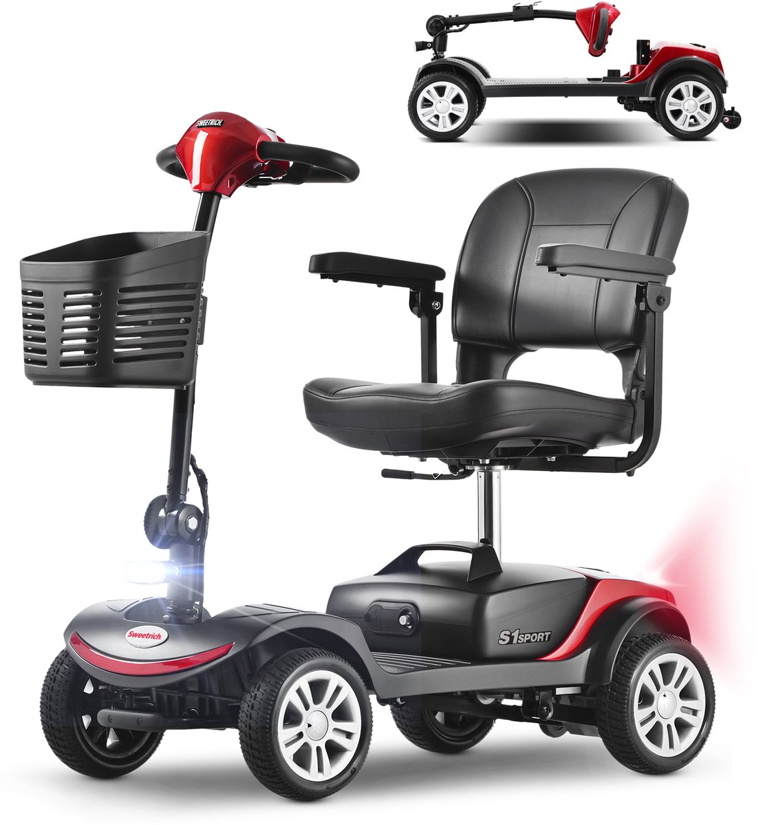 Sweetrich S1 Sport - Scootmobiel - Elektrische Scootmobiel - Scootmobielen - 25 km Actieradius - Opvouwbaar - 360° draaibare zitting - 136 kg Draagvermogen - RED