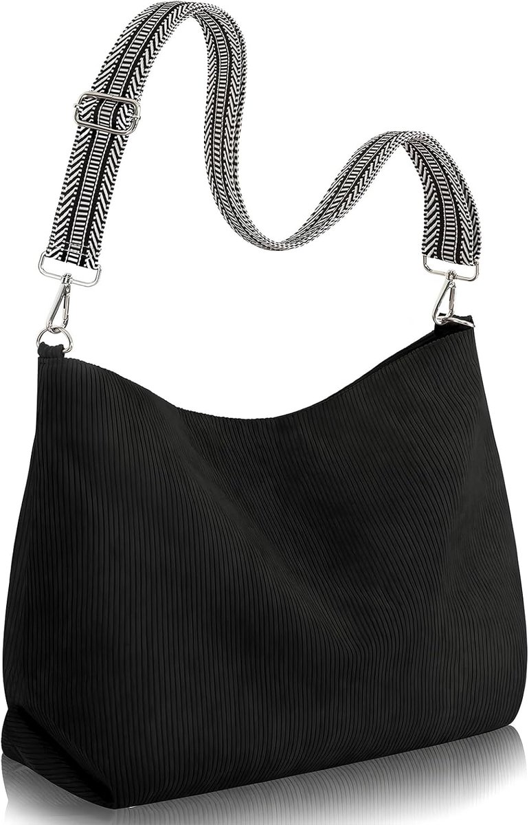 Large Capacity Ribbed Tote Bag Shopping Bag Casual Shoulder Bag with Zipper Adjustable Shoulder Strap for School - ShopVlot