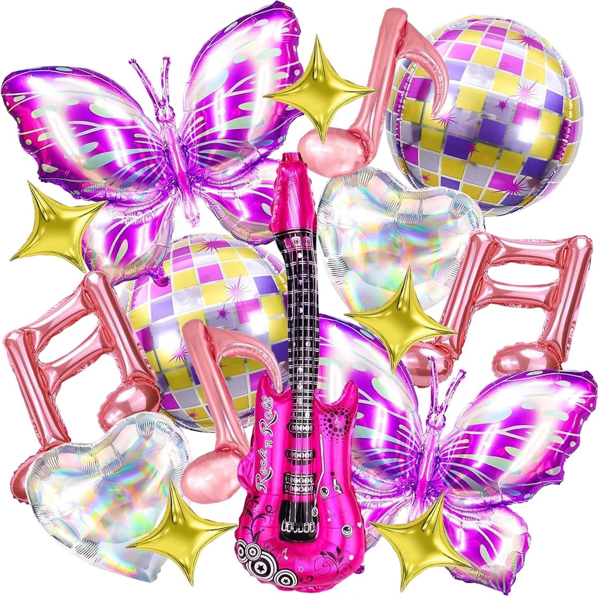 Music Balloon Set, 16 Pieces Balloons for Birthday, Music, Guitar, Note, Disco Ball, Butterfly, Heart, Star, Foil - ShopVlot