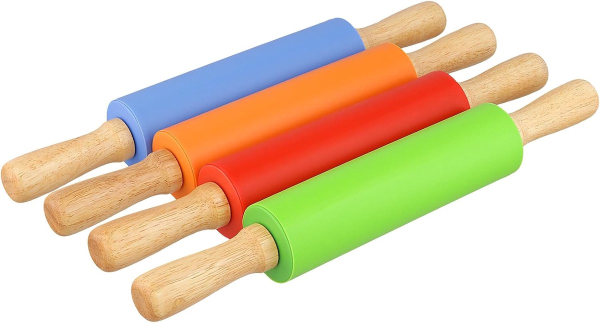 Rolling Pin, 4 Pieces, Silicone 38 cm, 4 Colours, Rolling Pin with Wooden Handle, Non-Stick Coating for Baking - ShopVlot