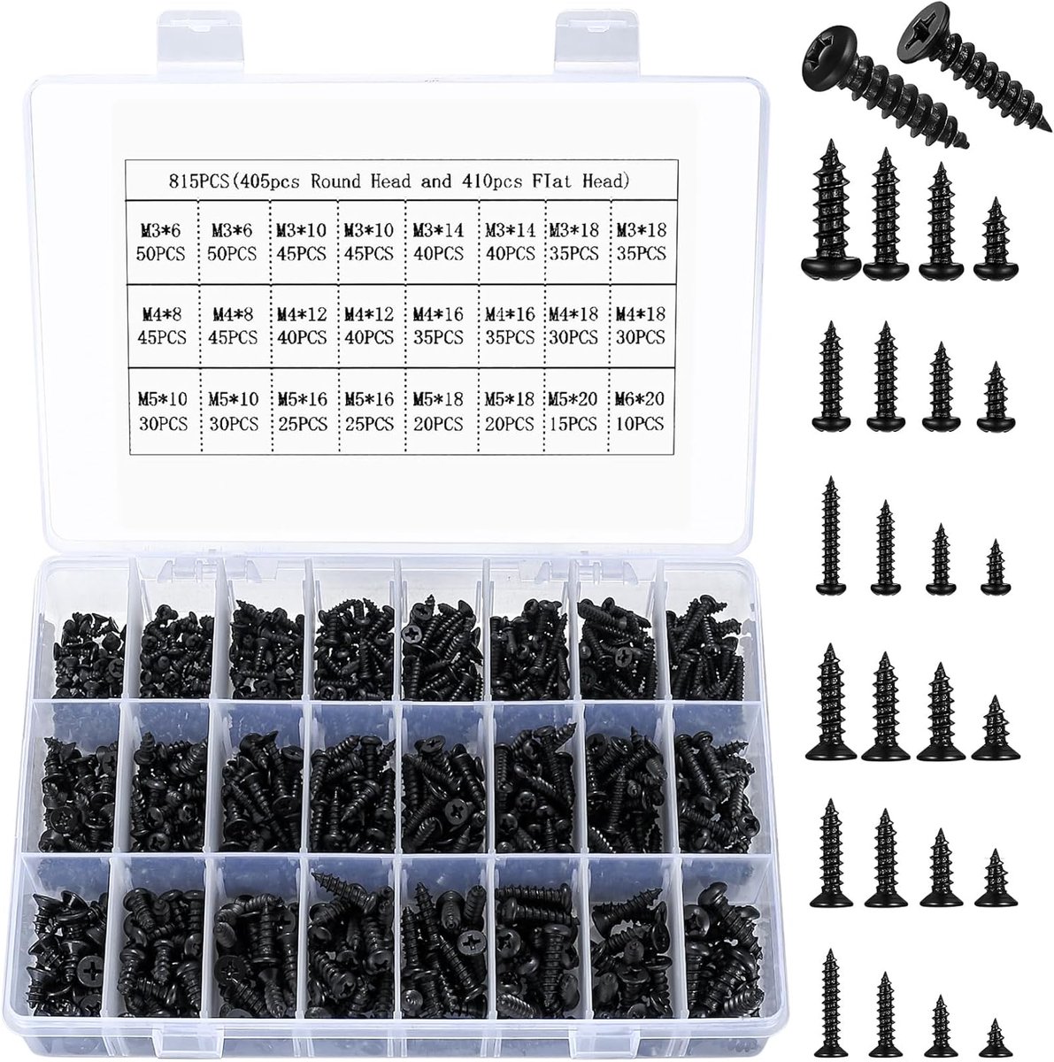 815 Pcs Self Tapping Screws for Black Metal M3 M4 M5 M6: 405pcs Round Head Screws and 410 Screws Cross Head - ShopVlot