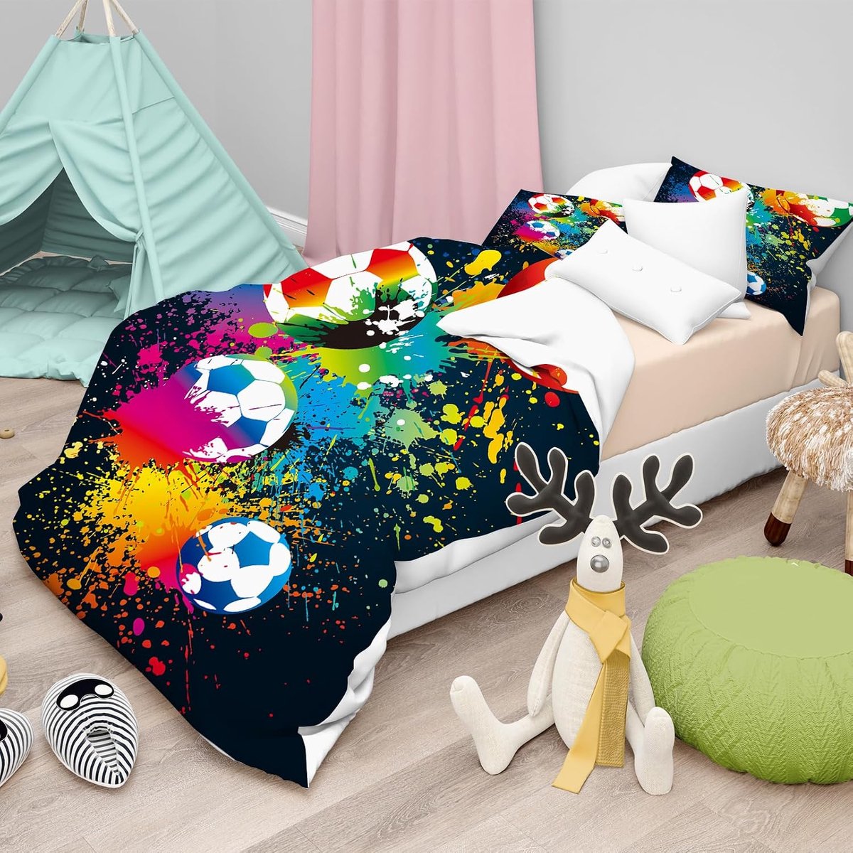 Football Children's Bed Linen Set, 2 Pieces, 90 x 190 cm, Single Duvet Cover Set with 1 Pillowcase 3D Print Cartoon - ShopVlot