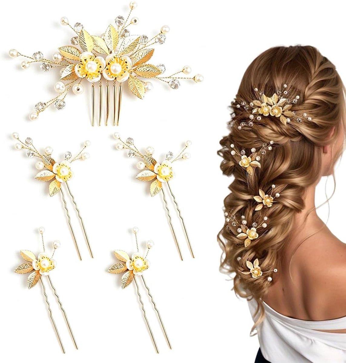 5pcs Hair Accessories Wedding Pearl Flower Bride Hair Comb Rhinestone Bridal Jewelry Bride Hairpins Hairpin Flower - ShopVlot